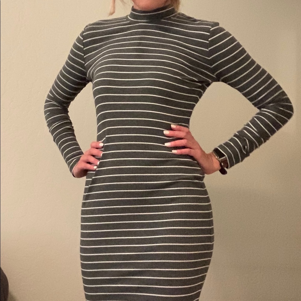 Grey White Striped Fitted Midi Dress